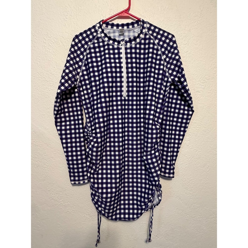 SwimZip Navy Gingham Long Sleeve Rash Guard Swim Dress Large Quarter Zip Cinch